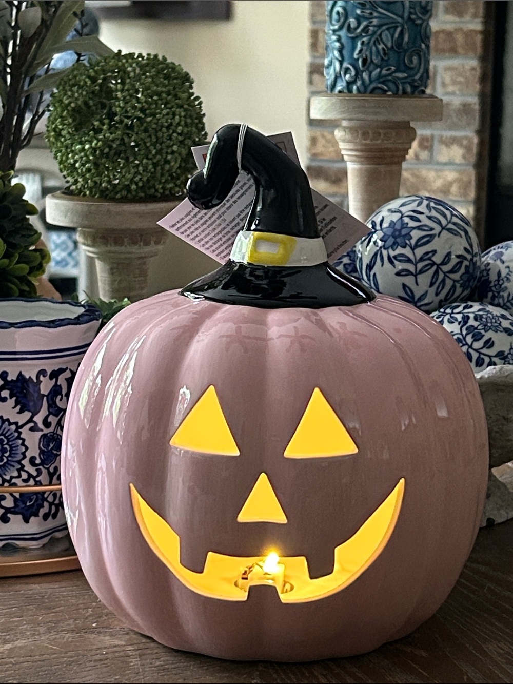 NEW! Lighted Pink Ceramic Halloween Witch Jack-O'-Lantern Fall Pumpkin